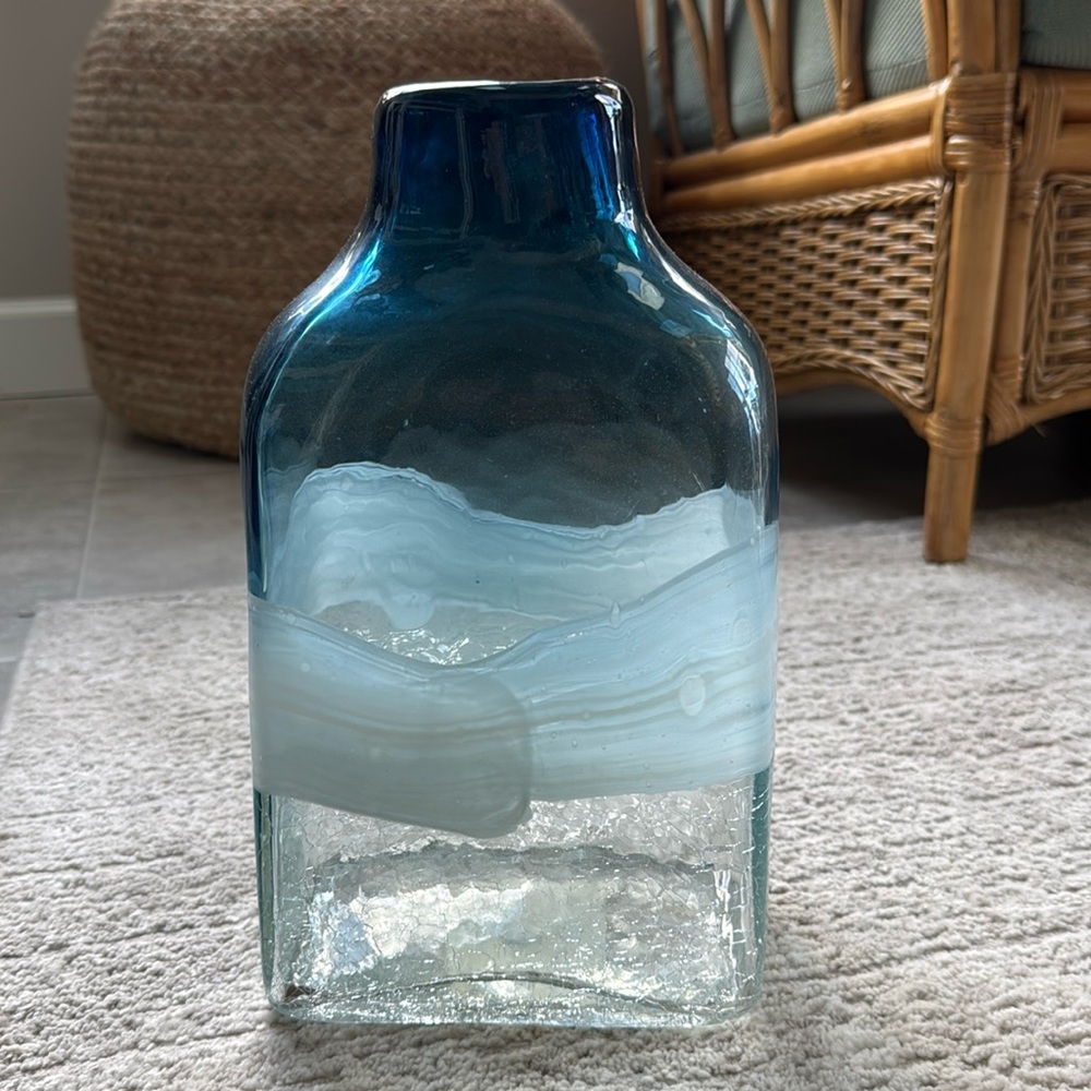 *NEW* W/out Tags Contemporary Blue Clear Glass Vase- Sleek Square Shape, 11"